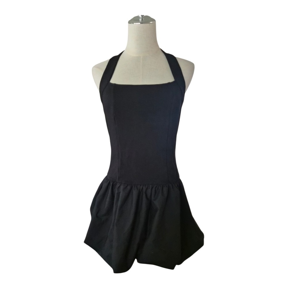 Good Luck Gem Black Halter Bubble Hem Mini Dress L Drop Waist Y2K Coquette